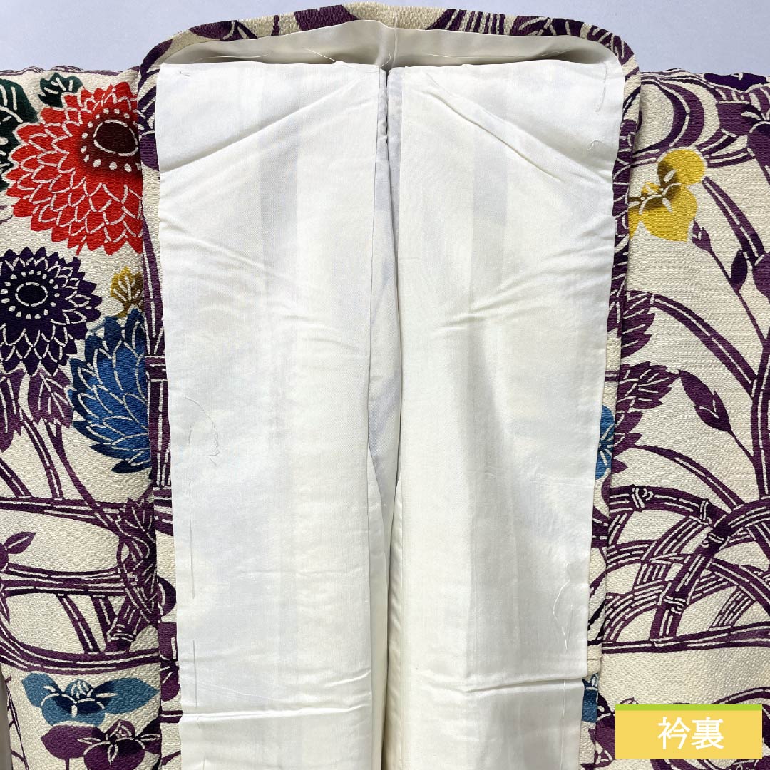Homongi, pure silk, lined, length 159.5cm, sleeve length 64.5cm, light egg color, Kyoto Bingata, floral pattern, flowing water, B rank, cream color, 1112006064315