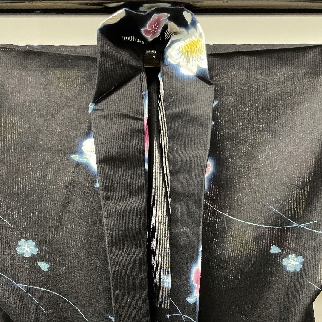 浴衣 桜 木綿 Sランク 単衣 身丈168cm 裄丈67.5cm 黒系 1118002092510