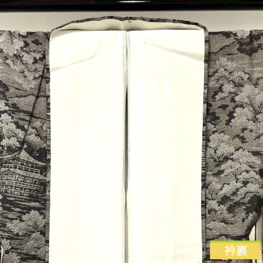 紬 正絹 身丈152cm 裄丈65cm 村山大島 風景模様 Sランク 袷 黒系 1116003382210