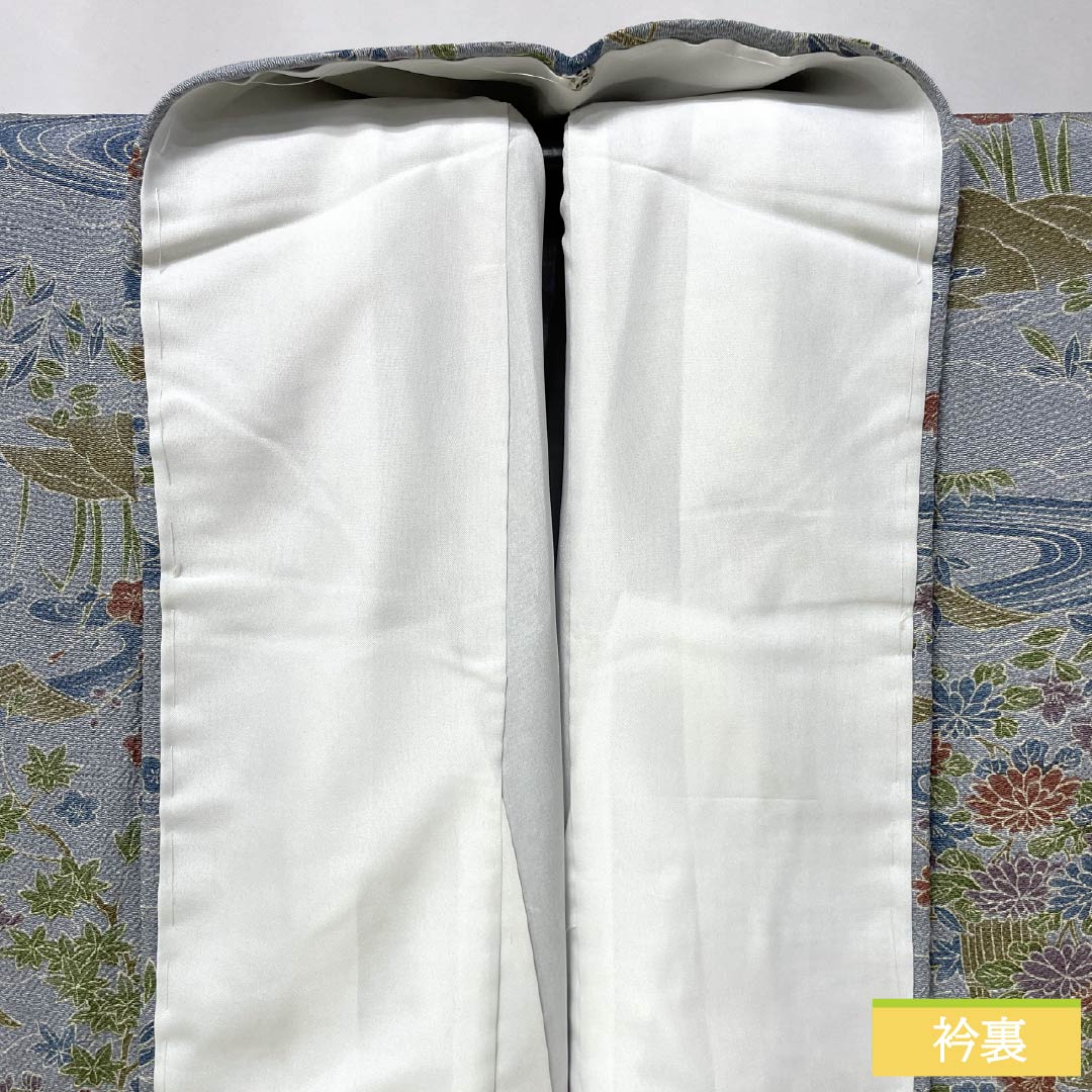 Small-patterned polyester kimono, S rank, length 166cm, sleeve length 66cm, lined, blue-gray (seitai-nezuiro) with flowing water and floral motifs, washable, light blue, 1115007392524