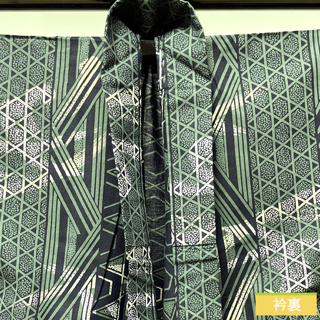 浴衣 木綿 身丈142.5cm 裄丈67.5cm Sランク 単衣 緑系 島松鼠色(しままつねずいろ) 男物 幾何学模様 1118004892419