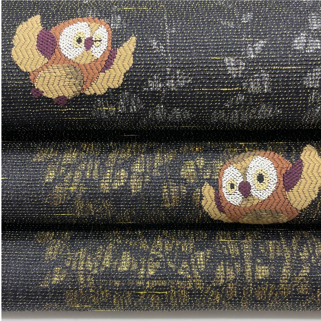 袋帯 黒色 ふくろう 帯丈434cm 正絹 Aランク 六通 カジュアル 黒系 1123008853310