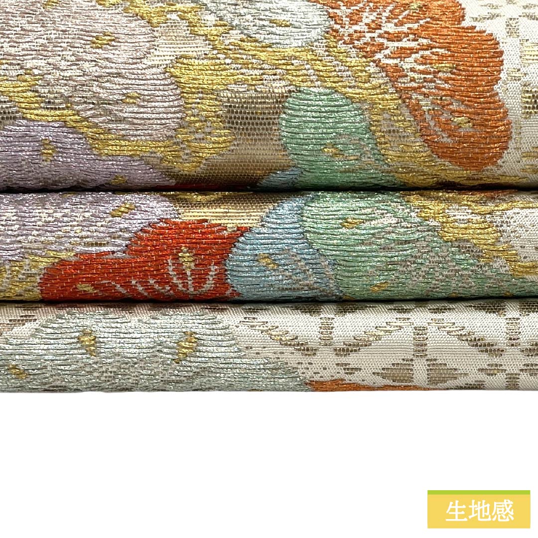 袋帯 正絹 Sランク 生成り色(きなりいろ) 西陣織 松重丸文錦 別織 帯丈422cm 六通 フォーマル 白系 1123017842311