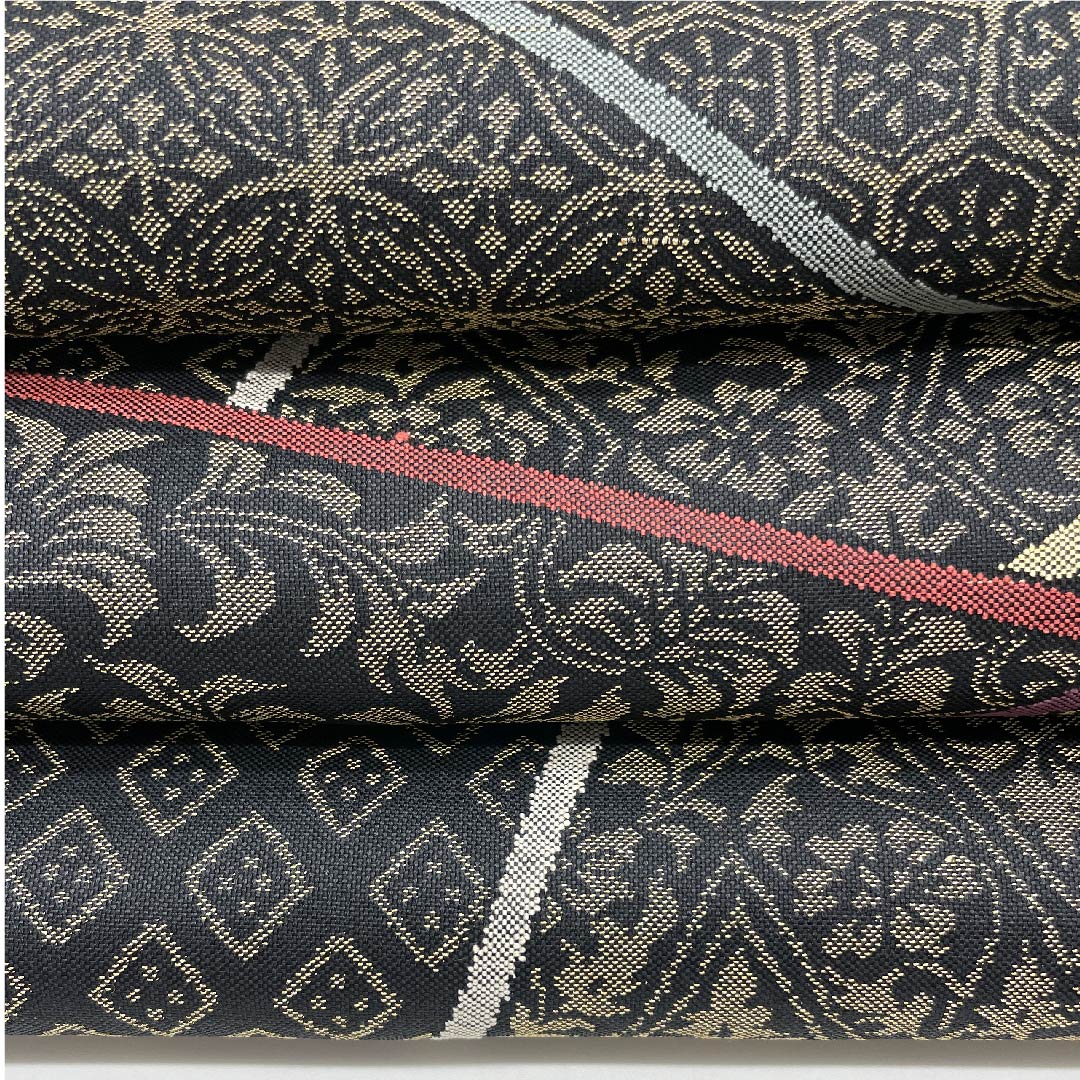 袋帯 黒色 切り嵌め風 七宝 更紗 亀甲 帯丈432cm 正絹 Sランク 六通 カジュアル 黒系 1123008832310