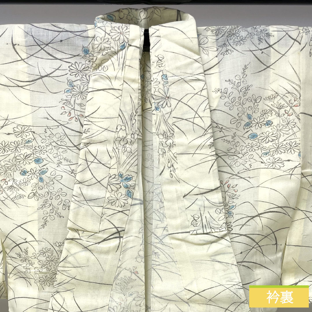 夏物 正絹 紬 身丈151cm 裄丈60.5cm 白百合色(しらゆりいろ) 草花模様 紗 Sランク クリーム系 1132001862215