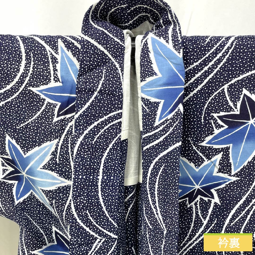 Cotton Yukata, Length 144.5cm, Sleeve Length 68.5cm, S Rank, Single Layer, Navy Blue, Flowing Water and Autumn Leaves Design, Item Number: 1118006312118