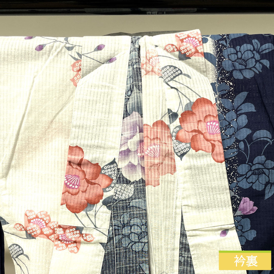 浴衣 木綿 身丈166cm 裄丈67cm Sランク 単衣 白系 竪絽(たてろ) 芍薬 1118004752511