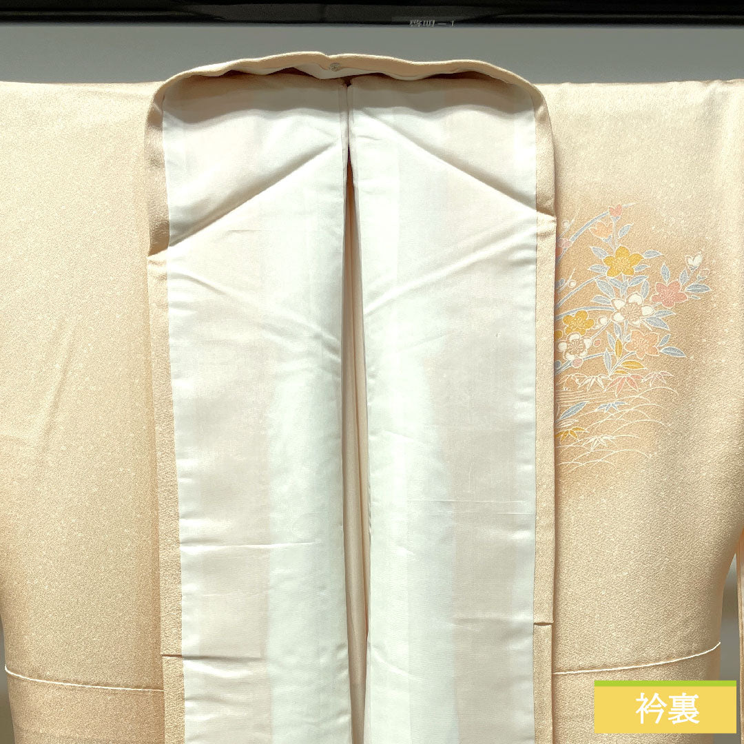 Homongi, pure silk, lined, length 164.5cm, sleeve length 66.5cm, light color, Kyo-Yuzen, floral pattern, Tango crepe, S rank, orange, 1112003502426