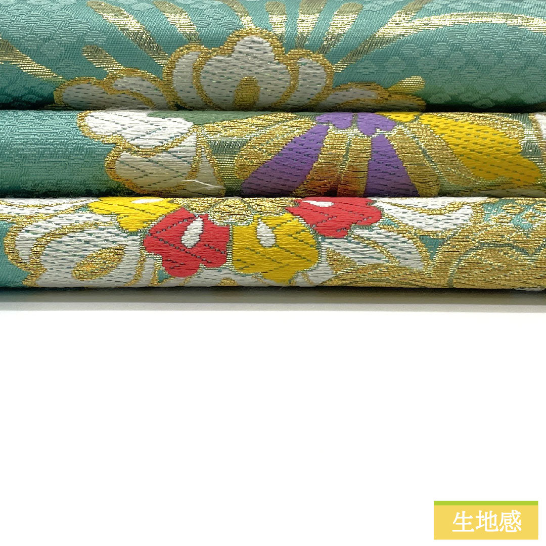 Nishijin-ori silk obi (sleeve sash), S-rank, in Hisokuiro (hidden color), with a floral pattern, reversible, suitable for furisode (long-sleeved kimono), length 462cm, six-fold, formal, green, product number 1123016322419