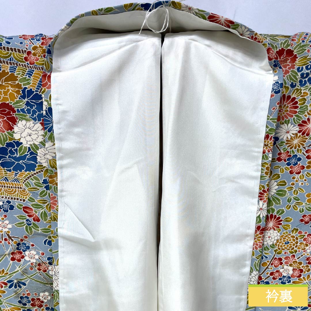 Small pattern, pure silk, length 156.5cm, sleeve length 64cm, lined, Kinuta celadon color, flower basket, rank S, light blue, 1115005792324