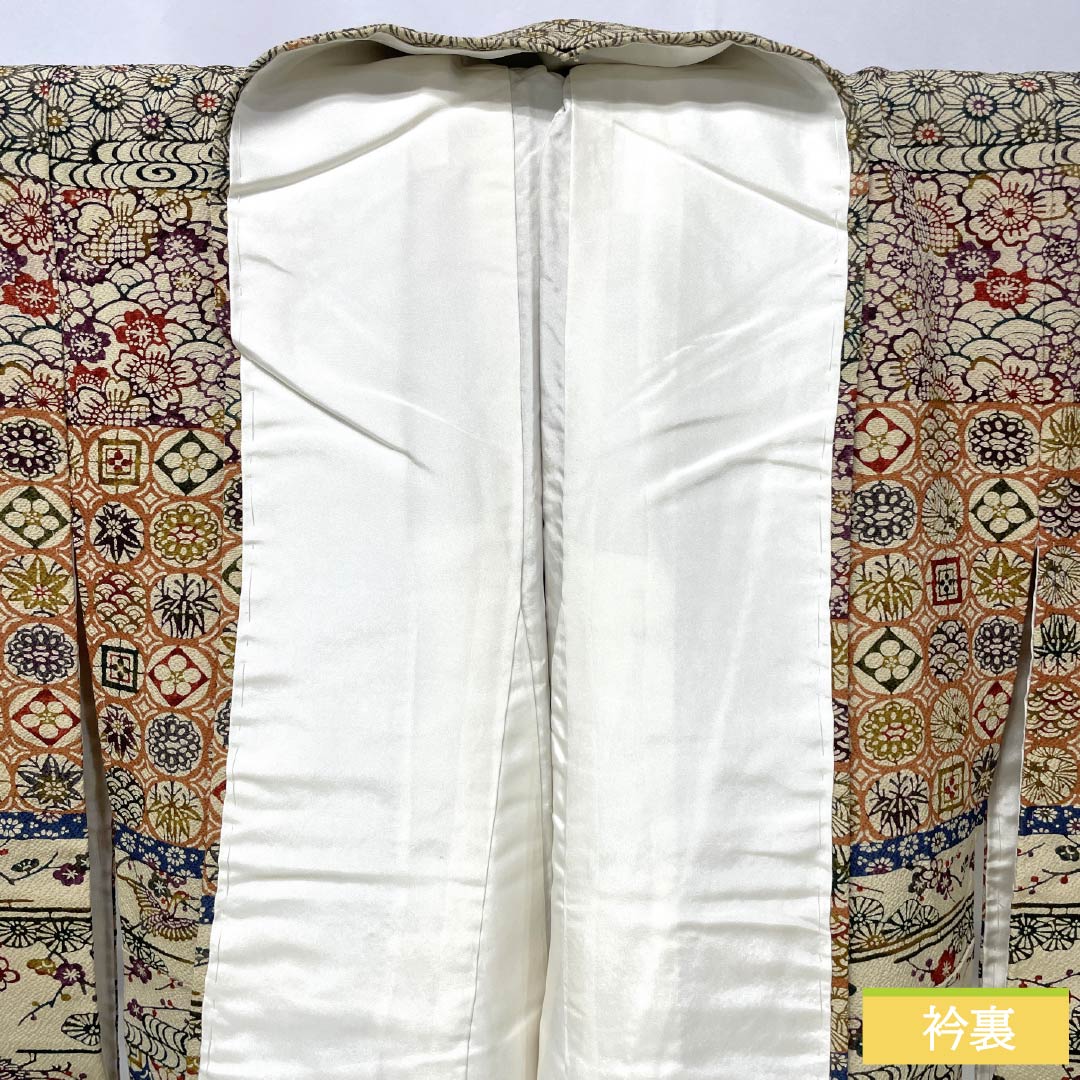 Formal Kimono (Homongi) - Pure Silk - S Rank - Lined - Length 159cm - Sleeve-to-Sleeve 62.5cm - Torinoko-iro (Pale Beige) - Kyoto Bingata - Auspicious Patterns - Chirimen Fabric - With Basting Stitches - Beige - 1112007672325
