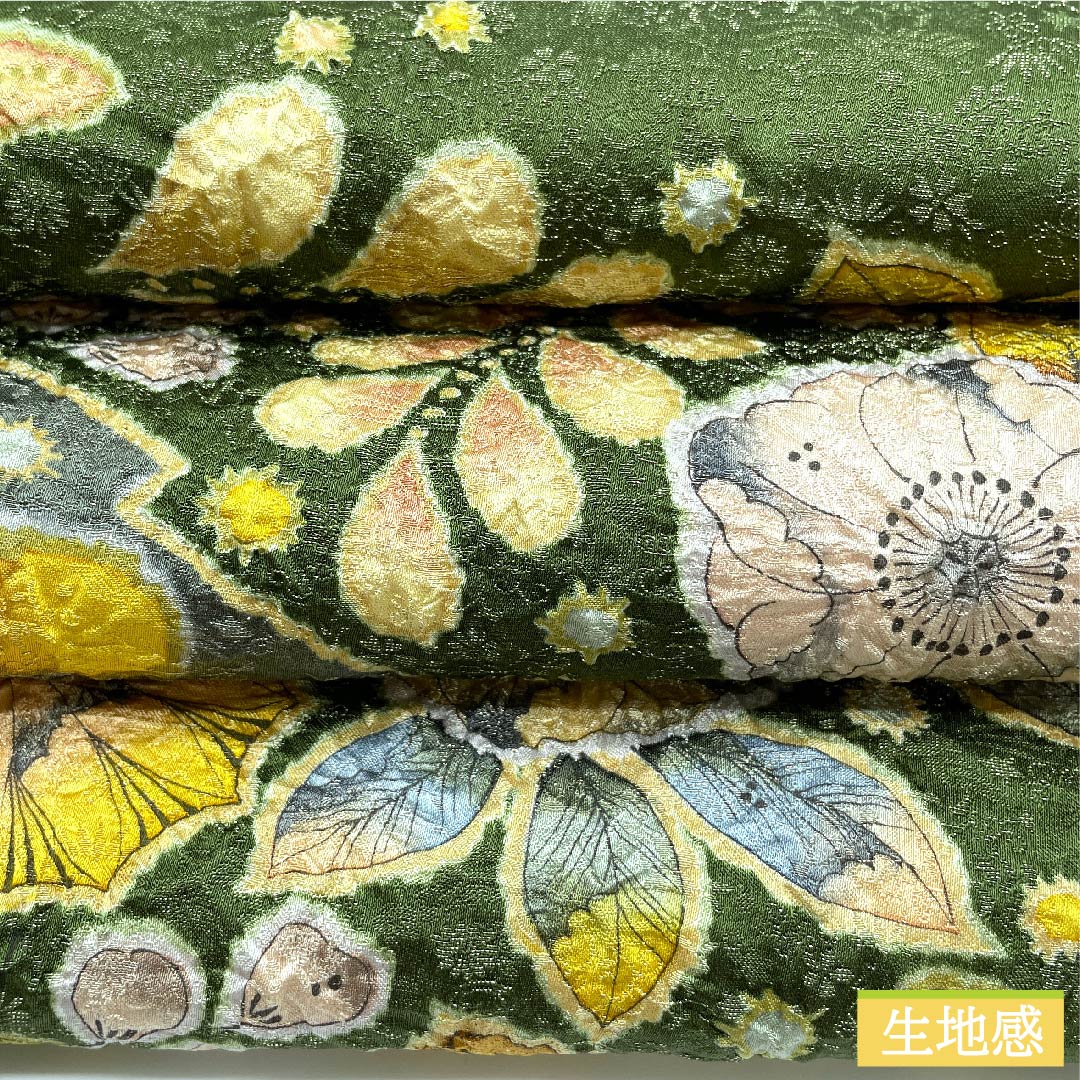 (Unmade) Fukuro Obi, Matsubai-iro (pine-needle color), Tsujigahana, Flower Arabesque, Phoenix, Artist's work, Obi length 464cm, Pure silk, S rank, Point pattern, Formal, Green, 1123010562419