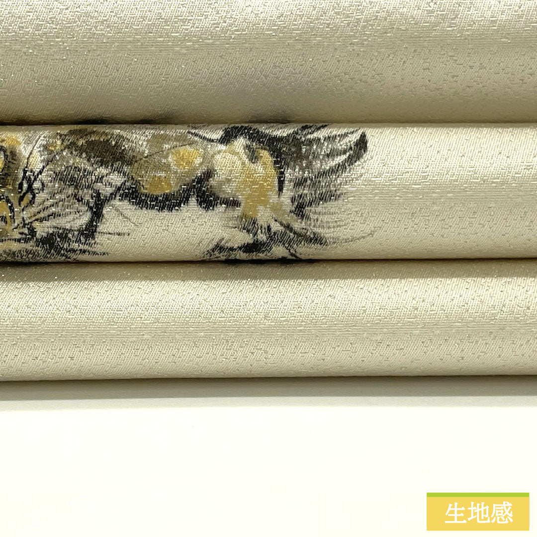 袋帯 正絹 Sランク 染め帯 唐獅子 円相 銀通し 墨描き 帯丈462cm ポイント柄 カジュアル 白系 1123017102411