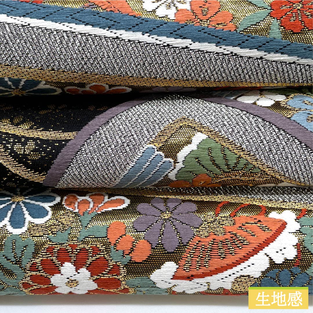 袋帯 黒色 鼓典錦 宝尽くし 扇 菊 帯丈456cm 正絹 Sランク 六通 フォーマル 黒系 1123010392410