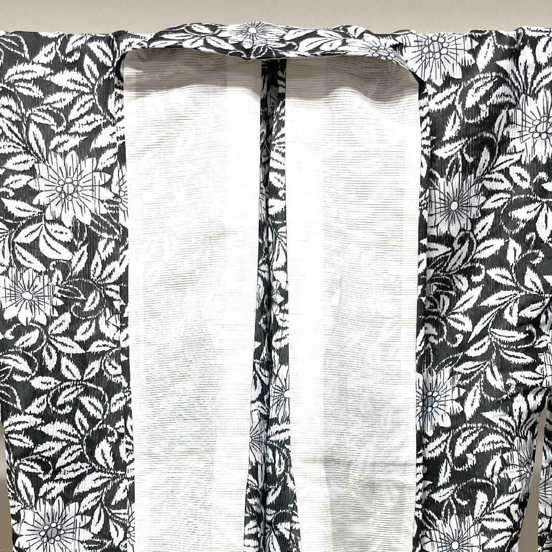 夏物 ポリエステル 小紋 身丈167cm 裄丈68cm 竪絽(たてろ) ガーベラ 洗える着物 絽 Sランク 黒系 1132001762510