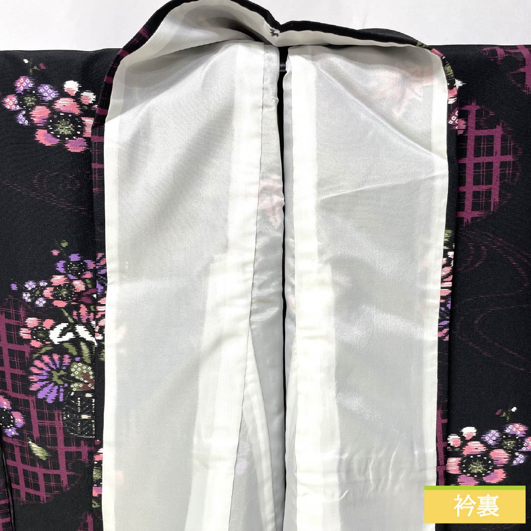 小紋 ポリエステル 身丈163cm 裄丈67cm 袷 花籠 洗える着物 Aランク 黒系 1115005893410