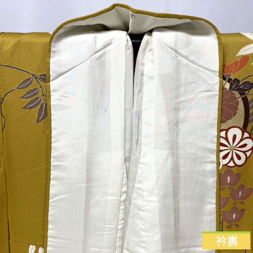 Silk Furisode, A Rank, Length 156.5cm, Sleeve-to-Sleeve 63cm, Lined, Ocher, Kyo-Yuzen, Auspicious Patterns, Plum, Wisteria, Butterfly, Yellow tones, 1113002573323