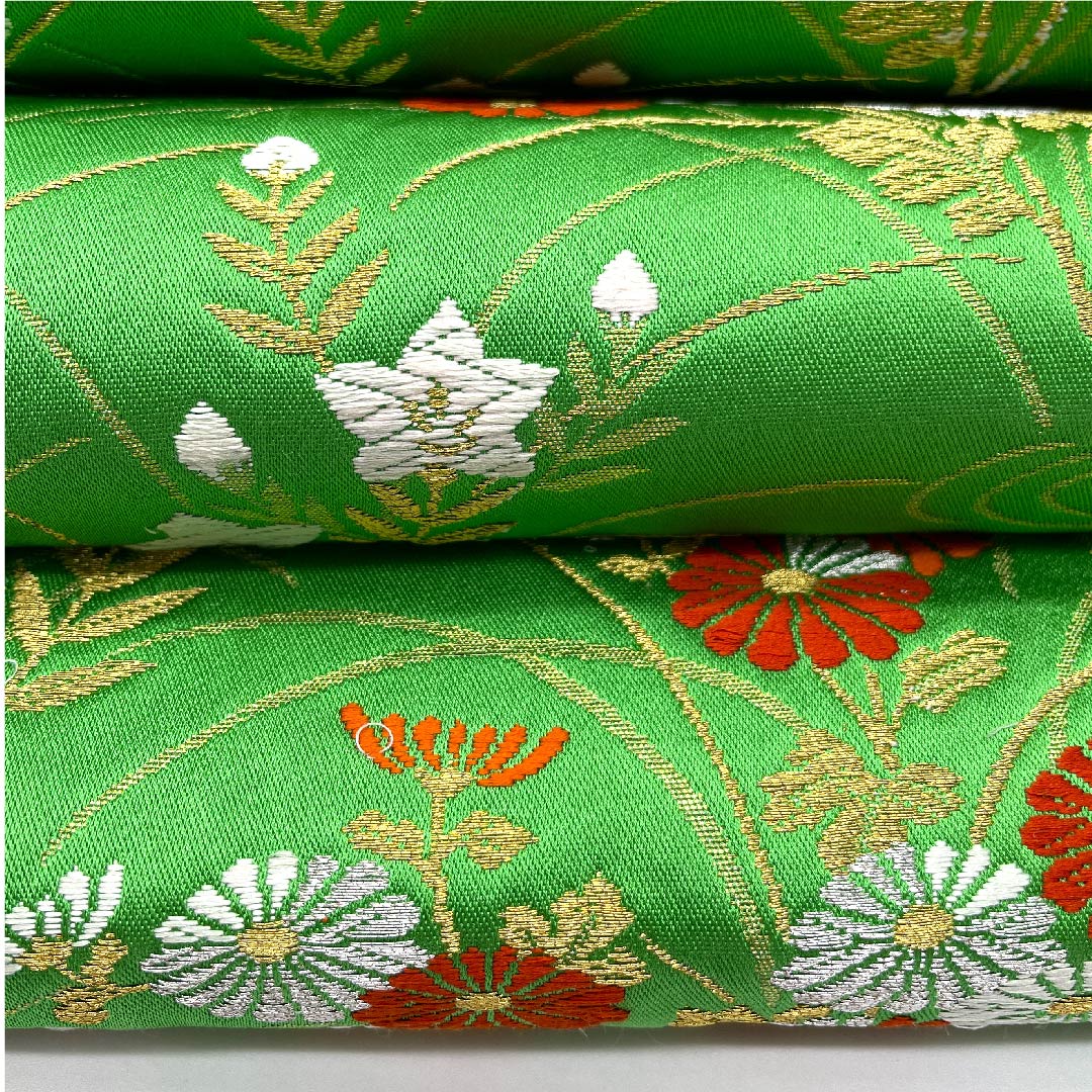 袋帯 薄青色(うすあおいろ) 観世流水 桔梗 菊 松 帯丈432cm 正絹 Sランク 六通 フォーマル 緑系 1123007012319