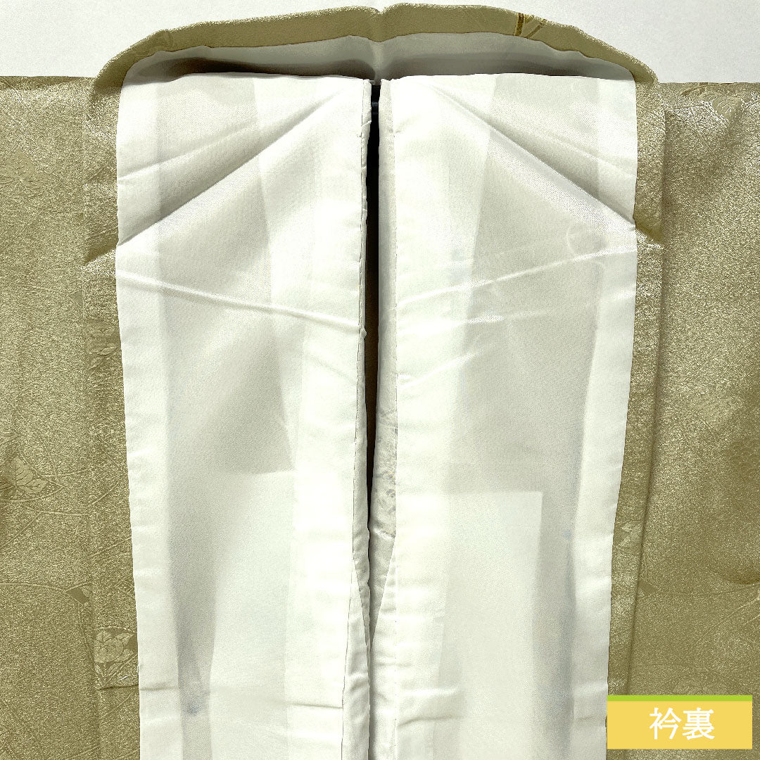 小紋 ポリエステル 身丈158cm 裄丈64cm 袷 蠟色(ろういろ) 洗える着物 草花模様 Sランク 緑系 1115004772319