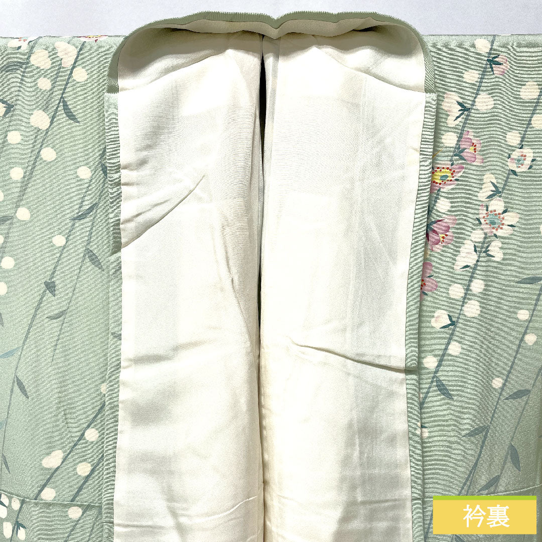 訪問着 正絹 袷 身丈165cm 裄丈63.5cm 白緑色(びゃくろくいろ) 加賀友禅 作家物 一つ紋 中陰五瓜 Aランク 緑系 1112005713519