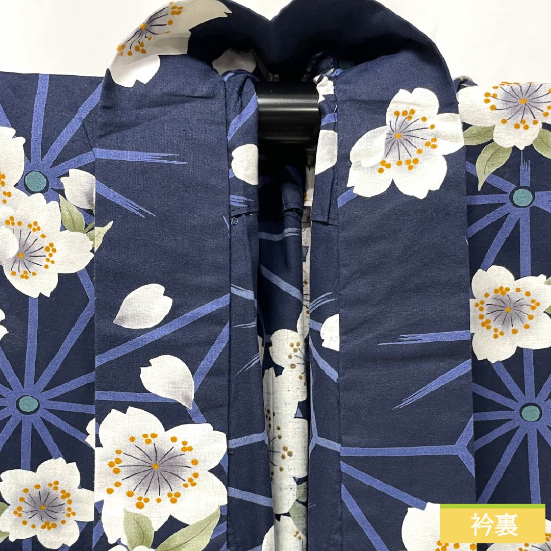 Cotton Yukata, Length 160cm, Sleeve Length 65cm, S Rank, Single Layer, Navy Blue, Cherry Blossom Design, 1118006162418
