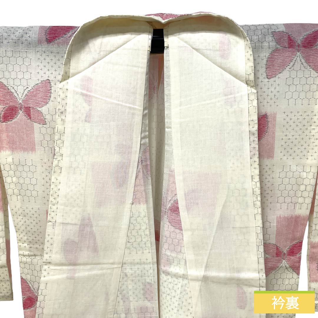 夏物 木綿 紬 Sランク 身丈160.5cm 裄丈64cm 乳白色(にゅうはくしょく) 市松 蝶 紗 白系 1132003762411