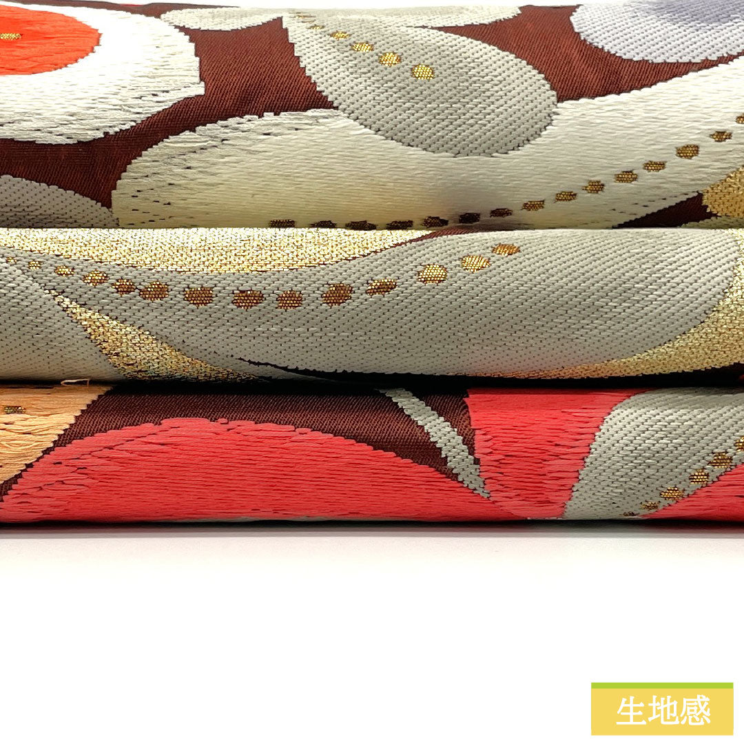 袋帯 正絹 Aランク 褐色色(かっしょくいろ) 西陣織 抽象花 帯丈428cm 六通 セミフォーマル 茶系 1123016163314
