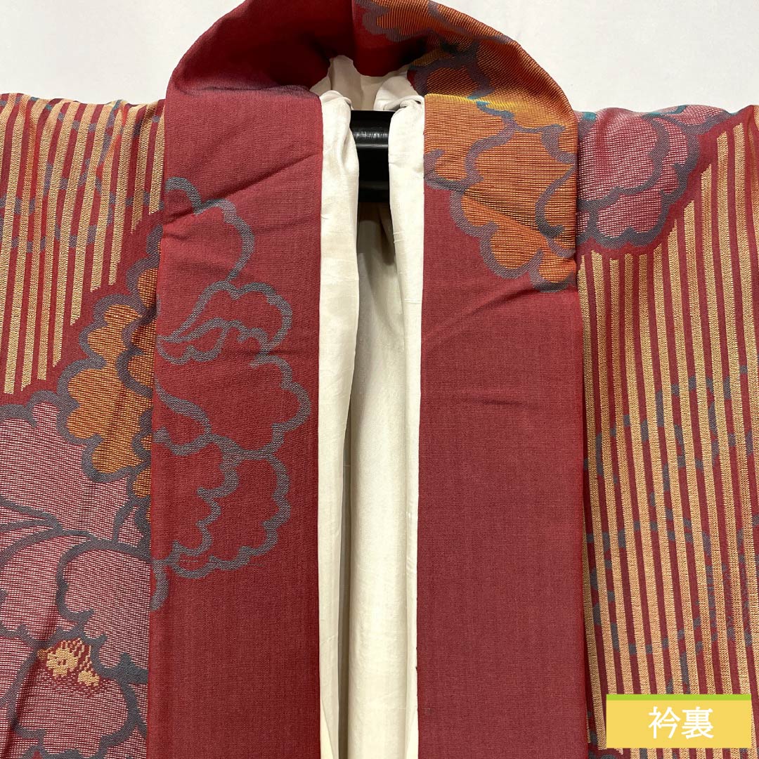 紬 正絹 Sランク 身丈151.5cm 裄丈64.5cm 皆紅色(かいこうしょく) 牡丹 お召 アンティーク 袷 赤系 1116004222212