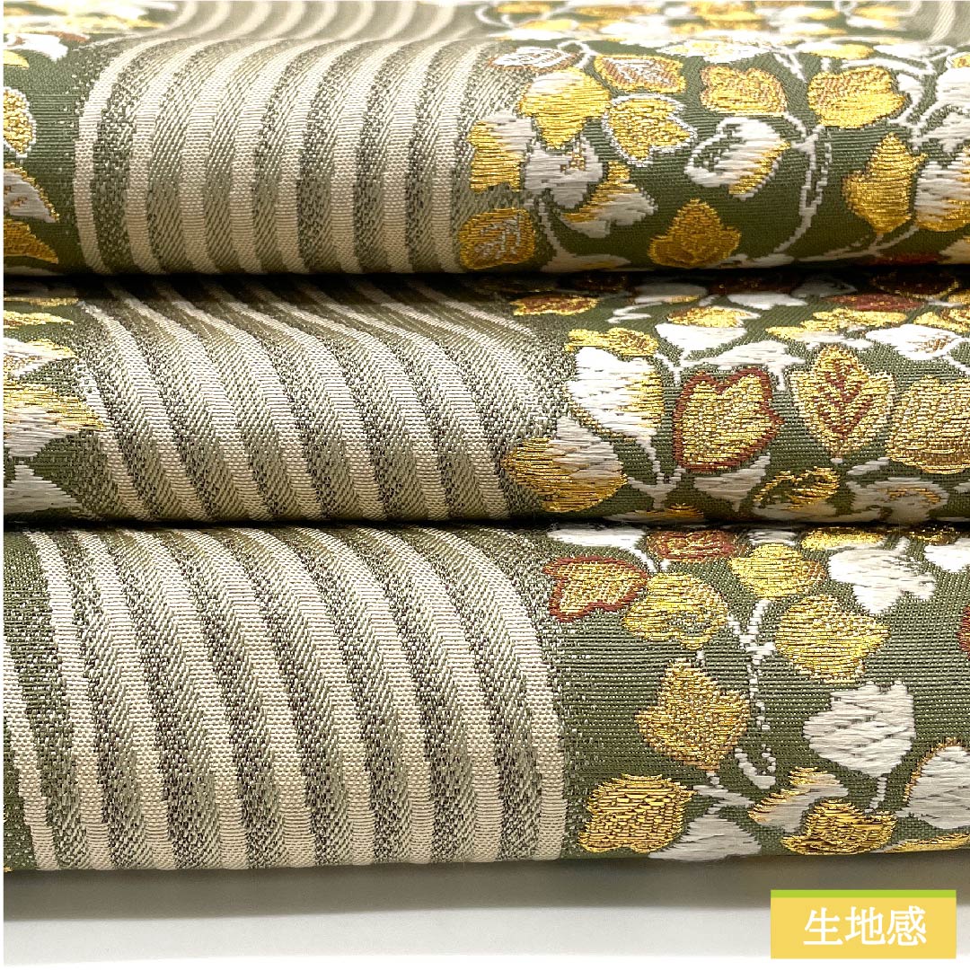 袋帯 正絹 岩井茶色(いわいちゃいろ) 加納幸 幾何学模様 イチョウの葉 木の葉 帯丈440cm Sランク 六通 セミフォーマル 緑系 1123011352319
