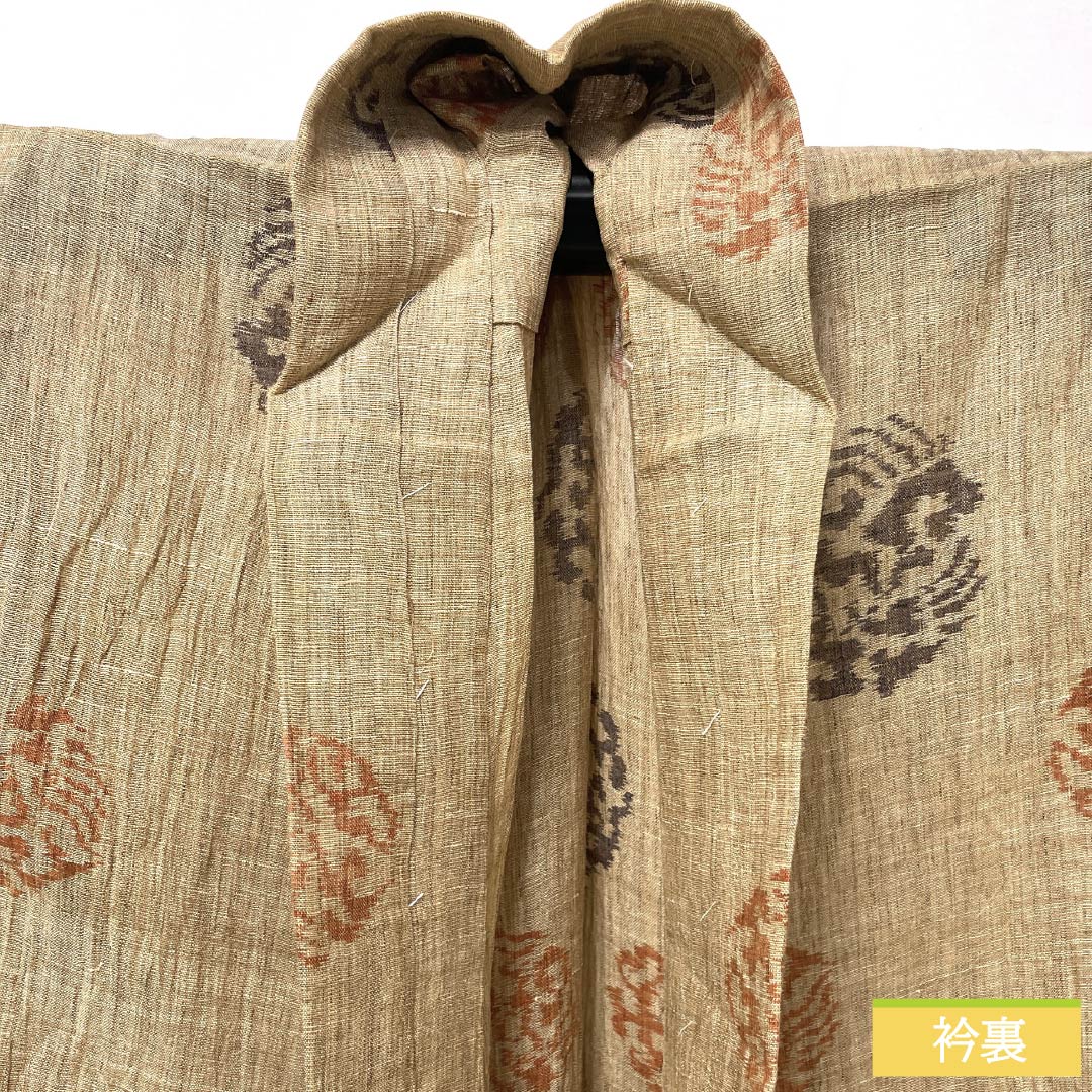 Summer linen tsumugi (pongee) kimono, length 151.5cm, sleeve length 63.5cm, walnut color, abstract pattern, horizontal double kasuri, gauze, S rank, brown, 1132002692214