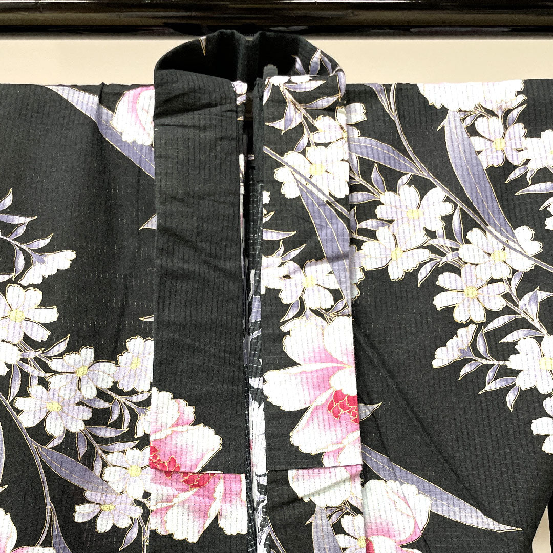 浴衣 牡丹 木綿 Sランク 単衣 身丈158cm 裄丈67.5cm 黒系 1118002112310