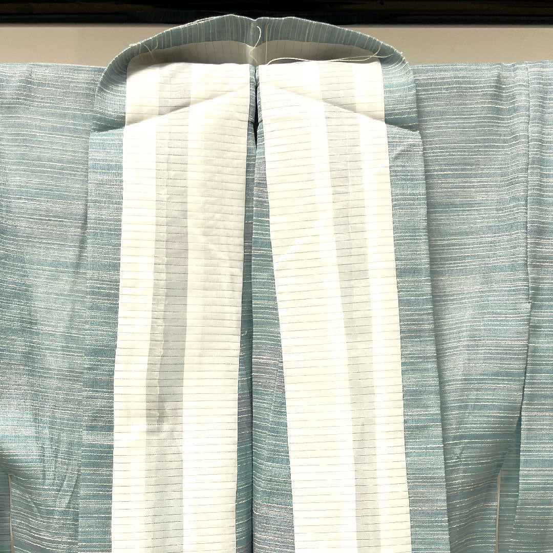 夏物 正絹 紬 身丈163cm 裄丈63cm 薄水色(うすみずいろ) 横縞 紗 Aランク 水色系 1132001023424