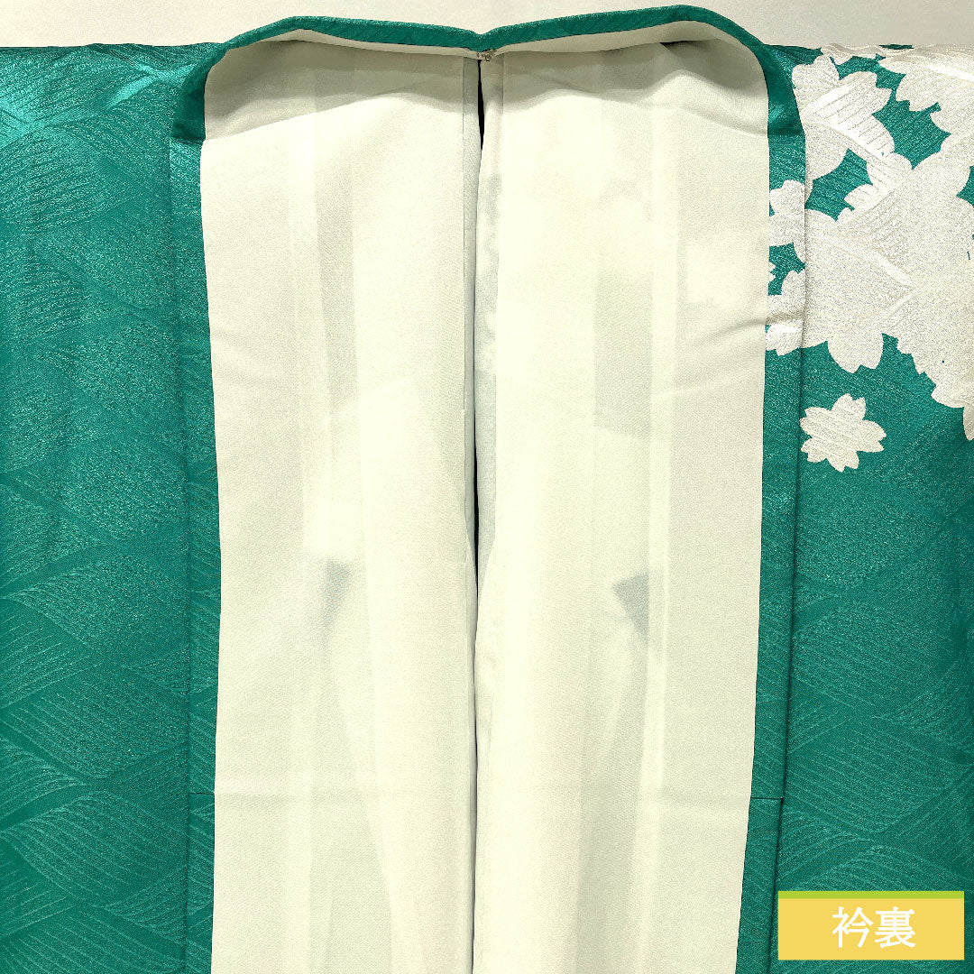 訪問着 ポリエステル 袷 身丈159cm 裄丈62cm 孔雀緑色(くじゃくりょくいろ) 洗える着物 桜 Sランク 緑系 1112005372319