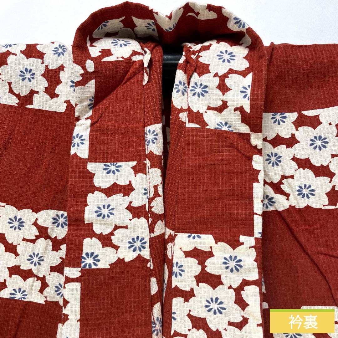 浴衣 木綿 身丈157cm 裄丈67cm Bランク 単衣 朱系 濃紅葉色(こいもみじいろ) 市松模様 桜 撫松庵 1118005524316