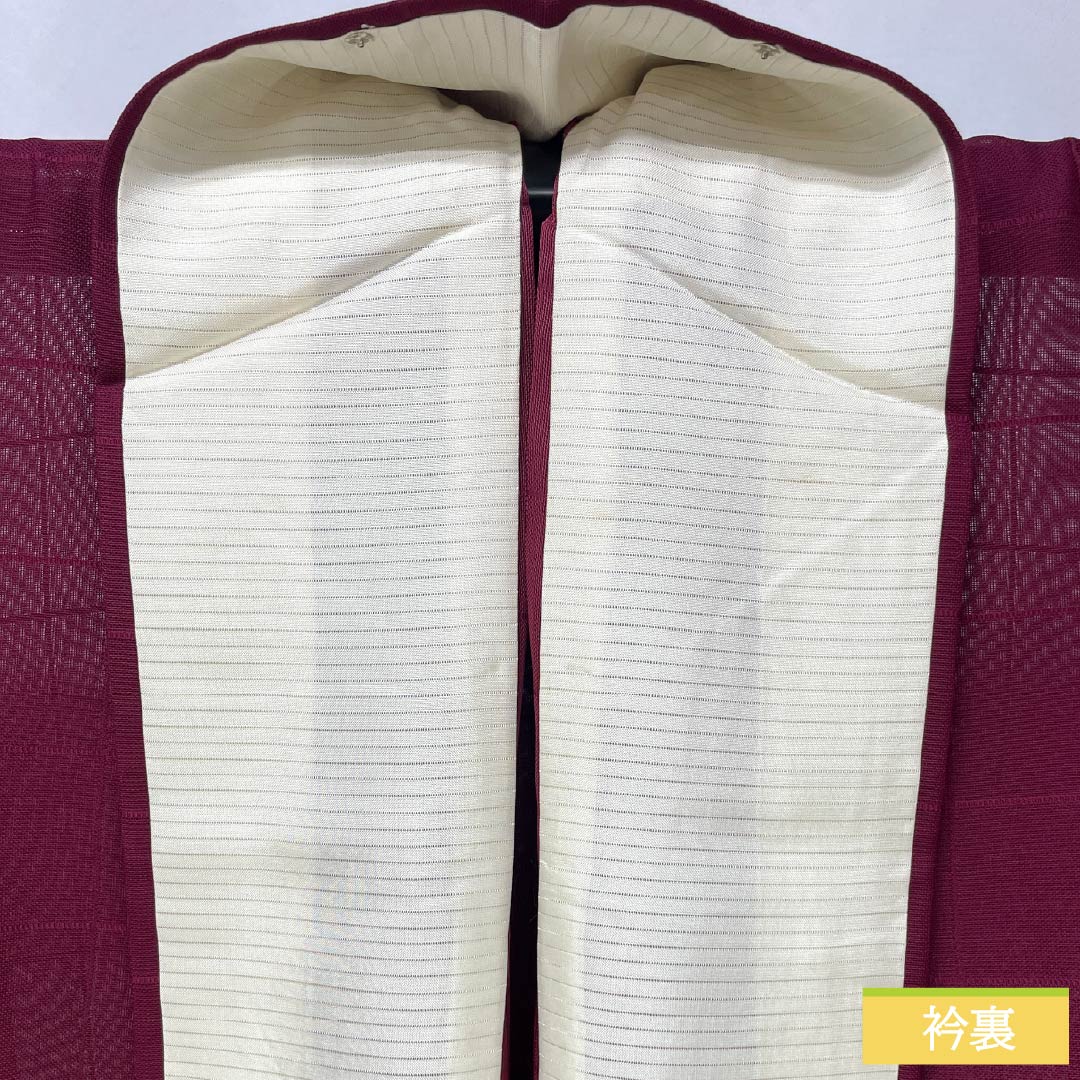 Summer pure silk tsumugi (pongee) kimono, length 159cm, sleeve length 64.5cm, crimson color, woven gauze pattern, checkered pattern, A rank, vermilion, 1132002763316