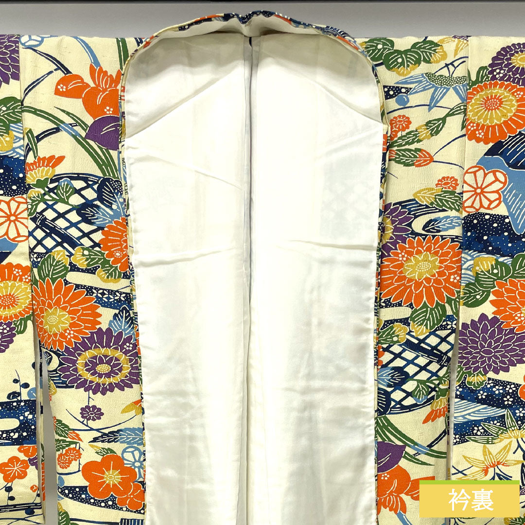 小紋 正絹 身丈155cm 裄丈62.5cm 袷 淡黄蘗色(うすきはだいろ) 京紅型 紬地 草花模様 Sランク クリーム系 1115004352315