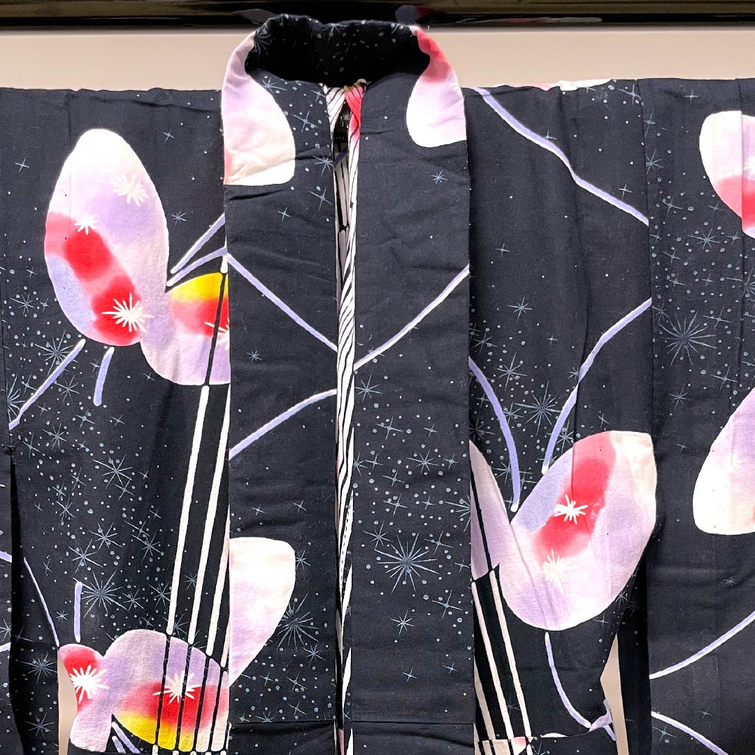 Yukata Black Butterfly Vertical Stripes Stars Cotton S Rank Single Layer Length 148.5cm Sleeve Length 61.5cm Black 1118004322110