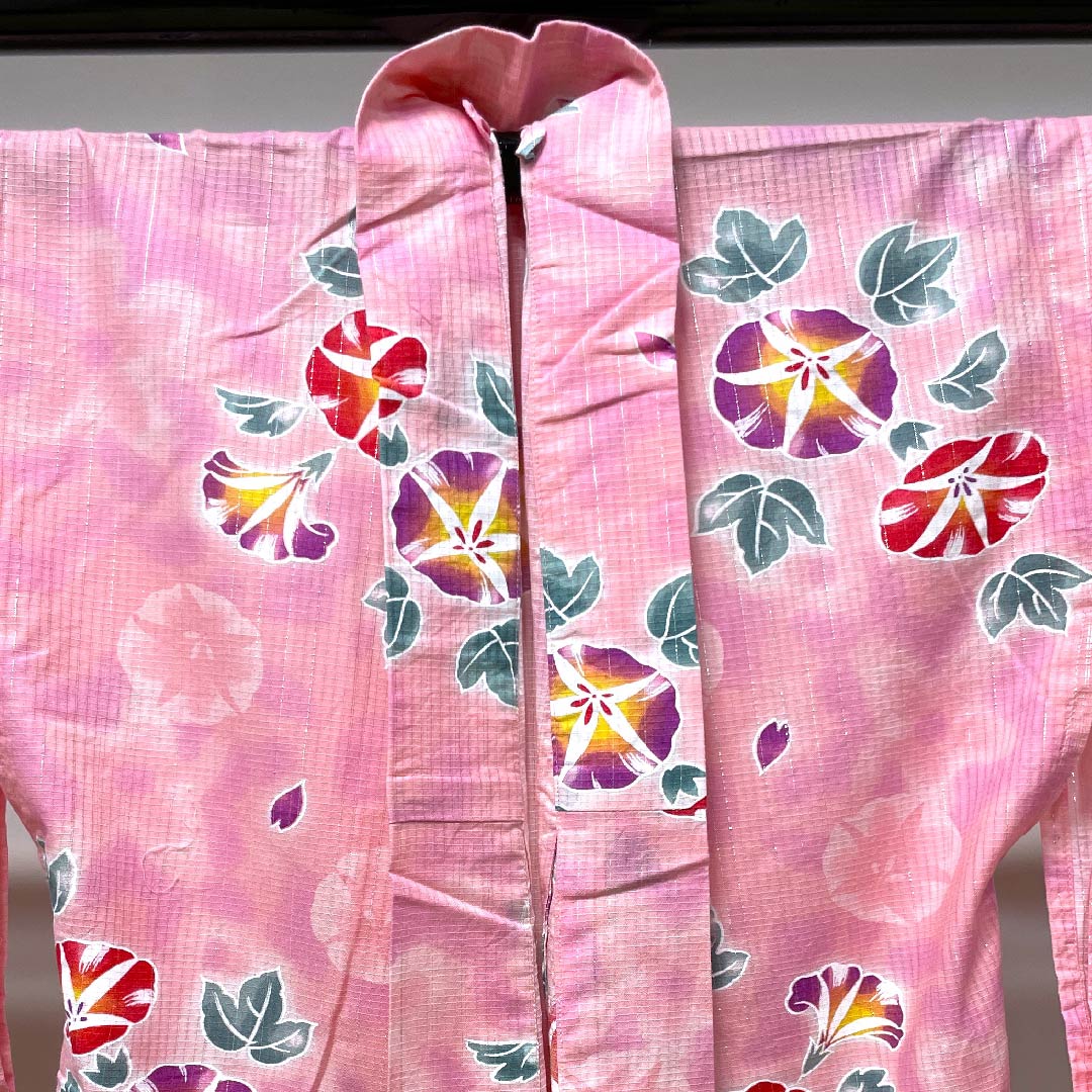 浴衣 洎夫藍色 浅紅色 朝顔 銀糸 木綿 Sランク 単衣 身丈162cm 裄丈64cm ピンク系 1118004252413