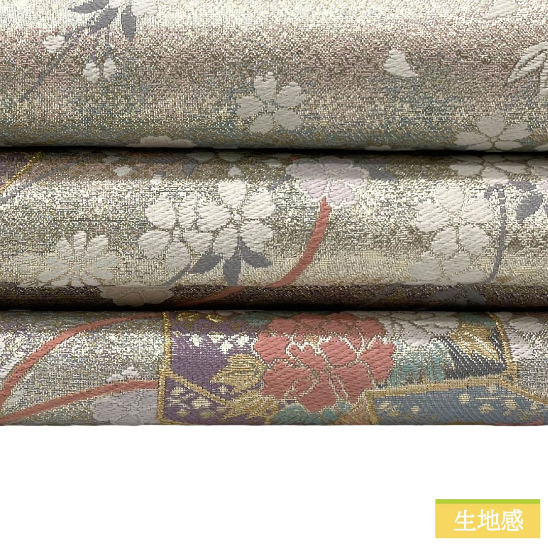 袋帯 正絹 Sランク 西陣織 貝桶 貝合わせ 花 帯丈434cm 六通 フォーマル 銀系 1123017692322