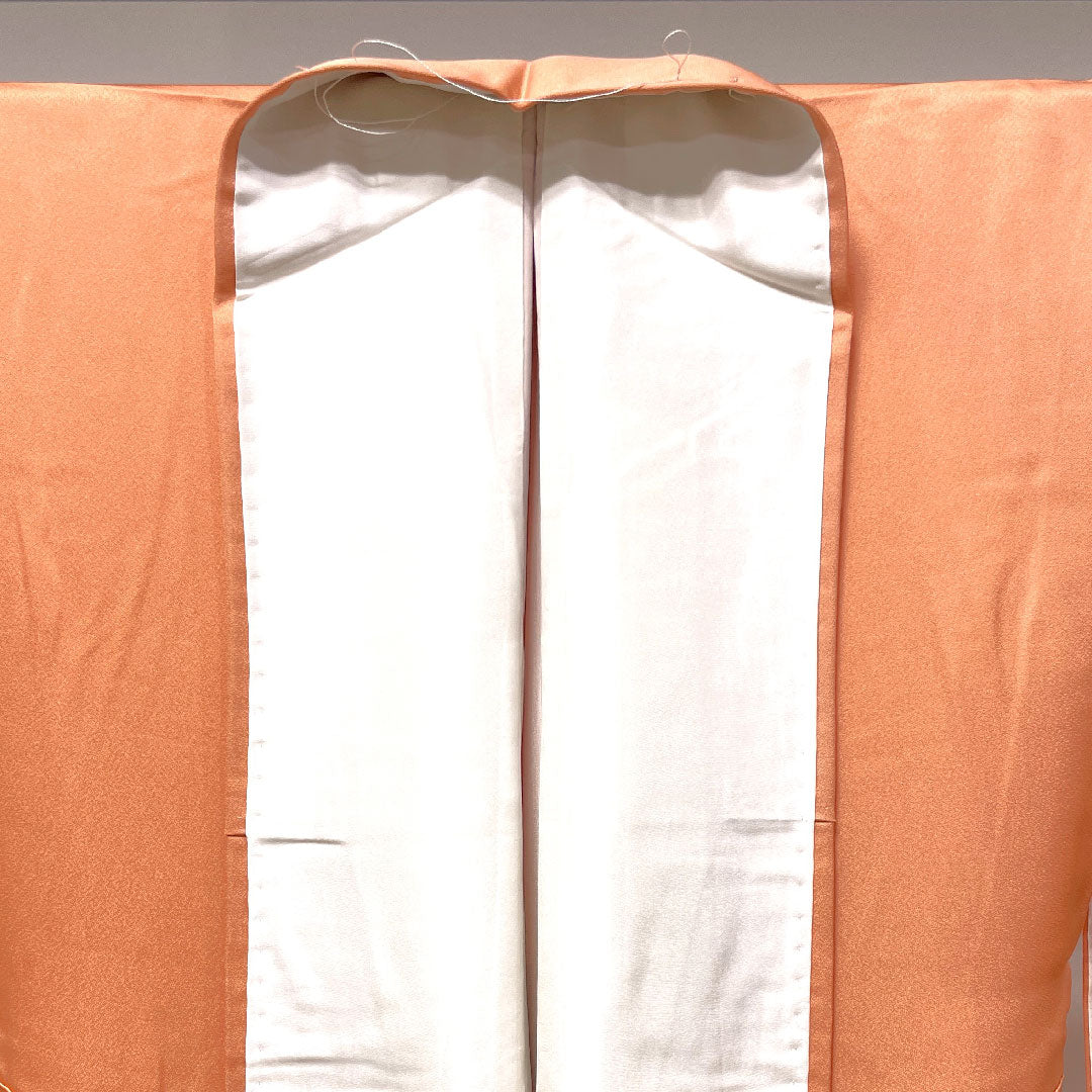Colored Tomesode, Length 160.5cm, Sleeve Length 64cm, Lined, Coral Color, Kyo-Yuzen, Crane, Flowing Water, Three Fans, Pure Silk, S Rank, Three Crests, Orange, 1111001132426