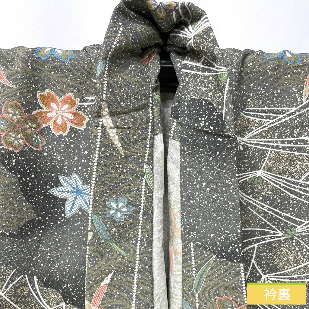 小紋 ポリエステル 身丈156cm 裄丈66cm 単衣 鉛色(なまりいろ) 古典柄 洗える着物 Sランク グレー系 1115005912322