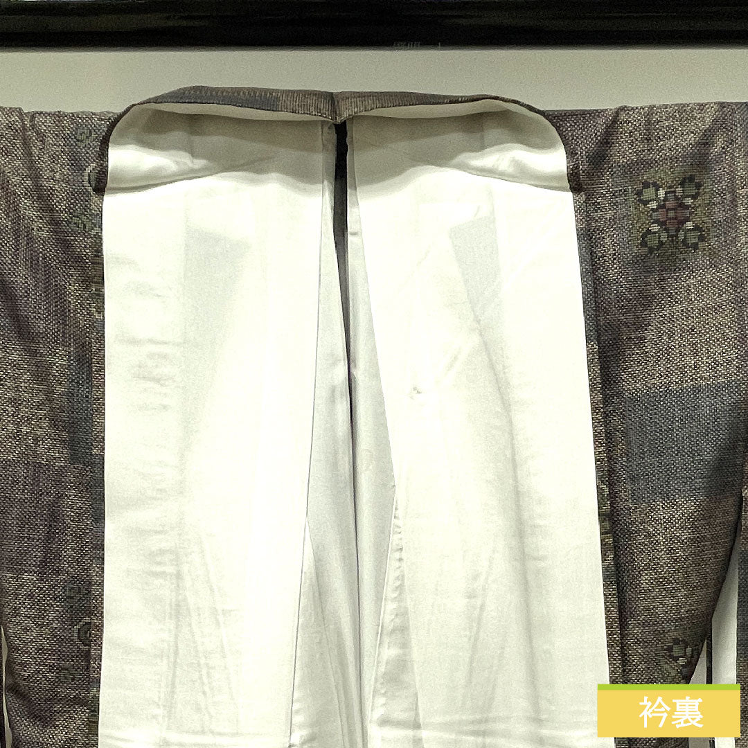 大島紬 正絹 身丈155.5cm 裄丈64cm 経緯絣 市松 Sランク 袷 茶系 1116002962314