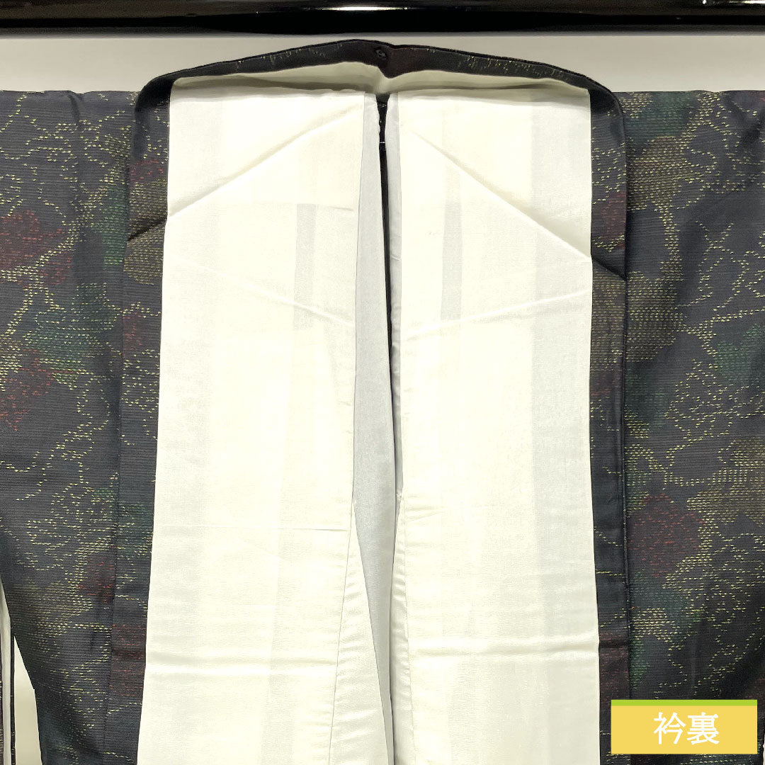 Silk pongee, Length 160cm, Sleeve length 65.5cm, Oshima pongee, Weft-total kasuri, Leaf pattern, S rank, Lined, Black, 1116003352410