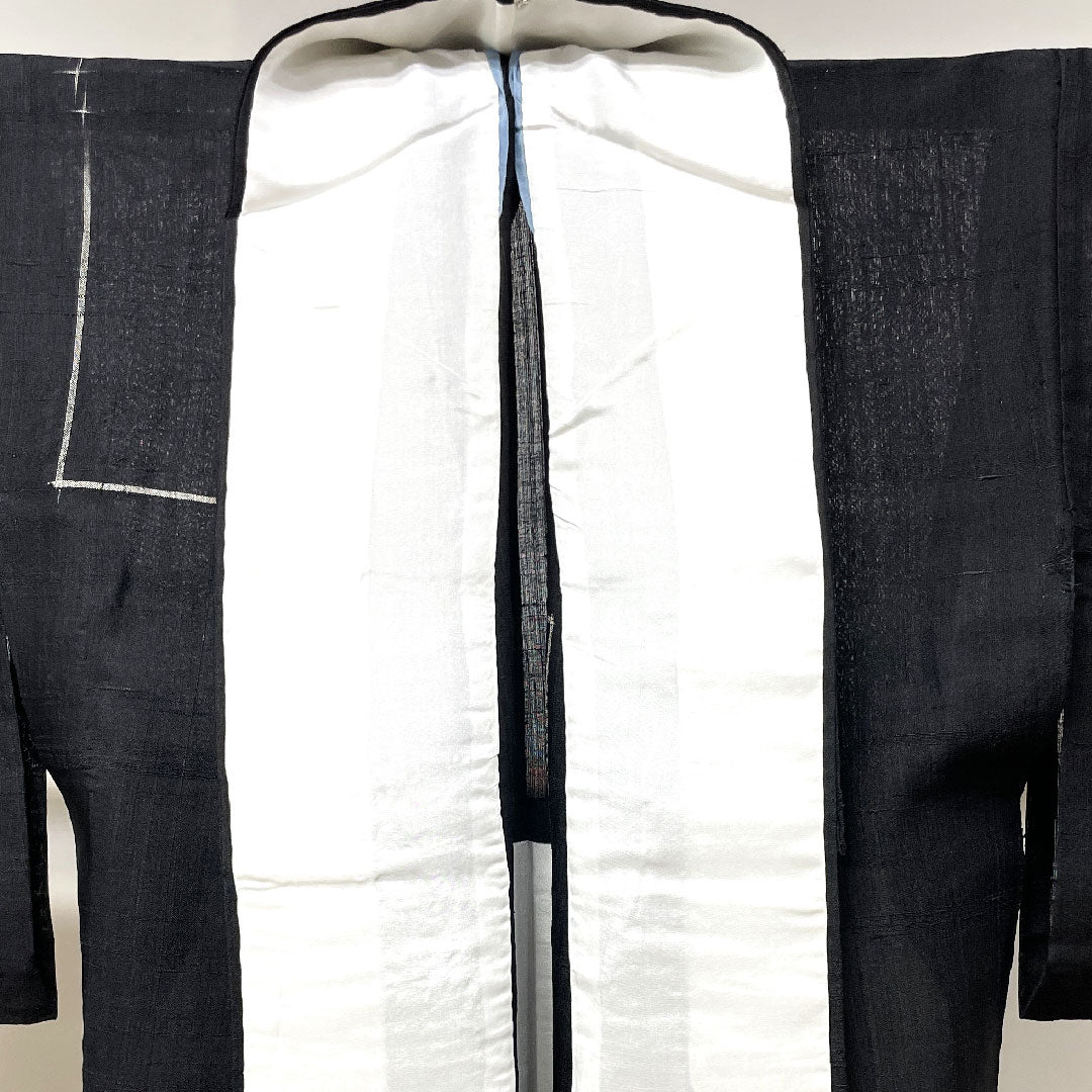 夏物 正絹 紬 身丈169cm 裄丈65.5cm 絣 幾何学模様 夏紬 紗 Sランク 黒系 1132001582510