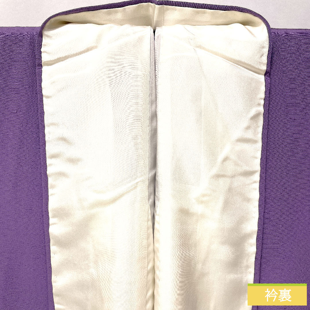 色無地 正絹 身丈164cm 裄丈68cm 葵色(あおいいろ) 紬地 一つ紋 丸に三ツ星 袷 Aランク 紫系 1114001933420