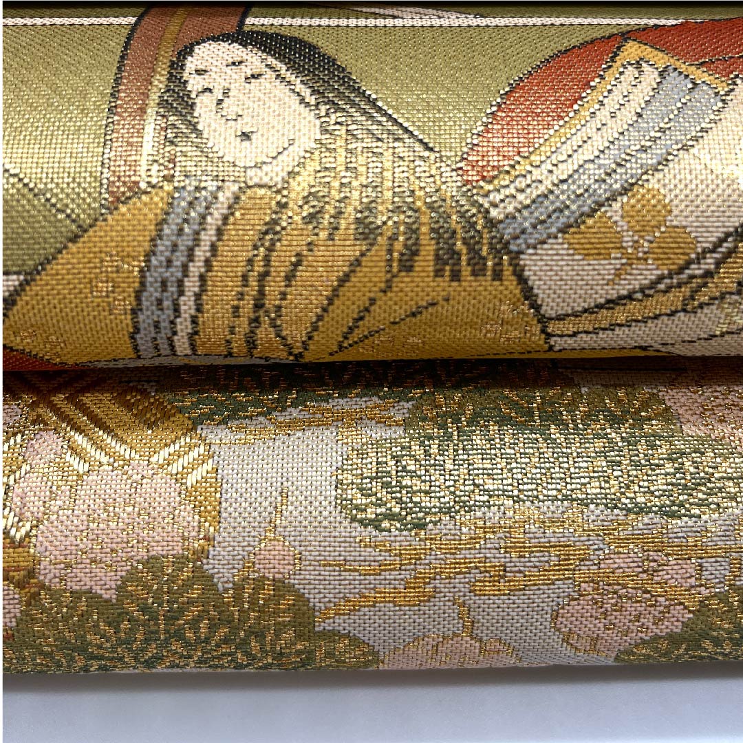袋帯 金色 源氏物語 松 梅 帯丈424cm 正絹 Sランク 六通 フォーマル 金系 1123005902321