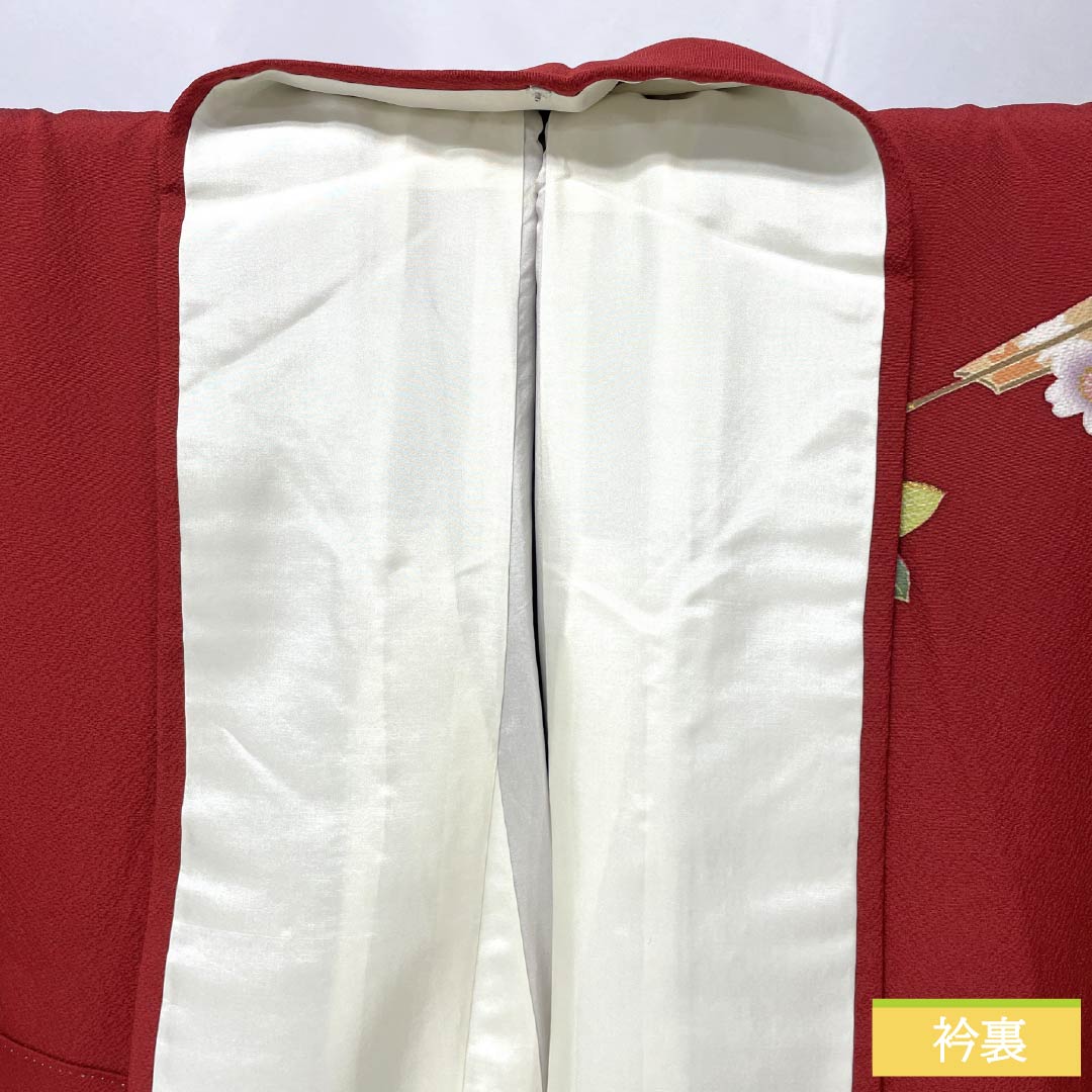 Kimono (Furisode) - S Rank - Pure Silk - Length 155.5cm - Sleeve Length 64.5cm - Lined - Shoenji-iro (Deep Crimson) - Kyo Yuzen - Imperial Carriage & Floral Patterns - Gold Couching Embroidery - Red - 1113002902312