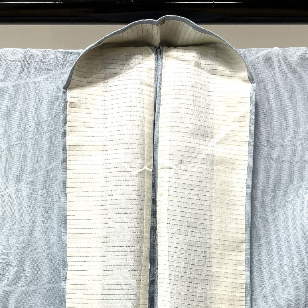 夏物 正絹 色無地 身丈162.5cm 裄丈63cm 砧青磁色(きぬたせいじいろ) 梅鉢 しつけ糸付き 流水 絽 Aランク 水色系 1132000493424