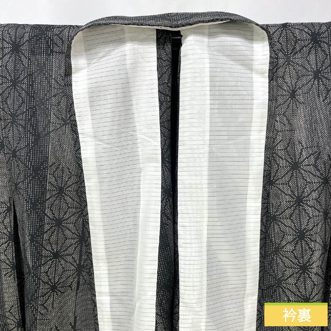 夏物 ポリ80%・絹20% 小紋 Sランク 身丈164cm 裄丈66cm 麻の葉 モノトーン 紗 黒系 1132003252410