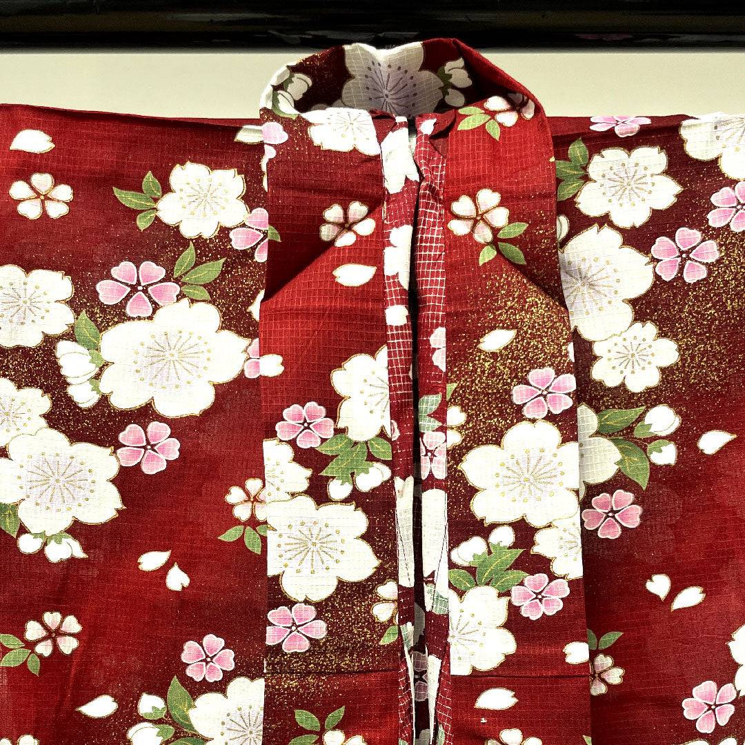 浴衣 深緋色 桜 木綿 Sランク 単衣 身丈165.5cm 裄丈68.5cm 赤系 1118003582512